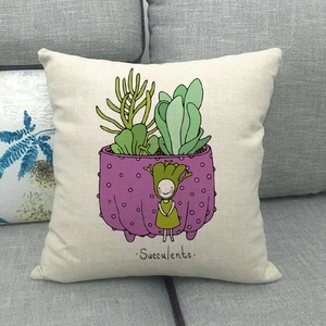 Detailed texture of beige linen pillowcase featuring a cartoon succulent pot illustration