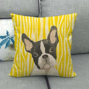 Macro view of linen texture on square pillow cover with French Bulldog watercolor print