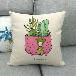 Detailed texture of linen cushion cover with cartoon succulents and green plant pattern