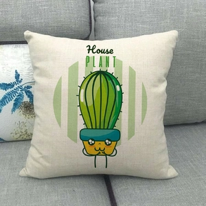 Cozy home setting with linen pillowcase featuring a cute cartoon cactus and House Plant text
