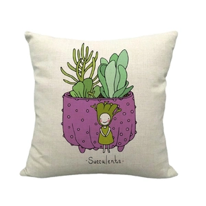 Linen pillowcase with cute cartoon figure and green succulent plant illustration