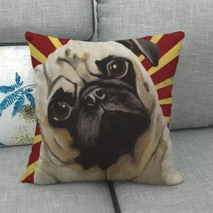 Detail shot of a square linen pillowcase with a pug dog portrait and sunburst design