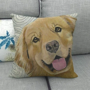 Close-up of golden retriever oil painting print on square linen blend throw pillow cover