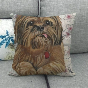Detail of oil painting dog print on linen throw pillow cover with cherry blossom motifs