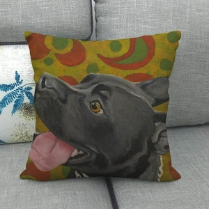 Close-up of linen pillow cover with oil painting style black bulldog on a grey sofa