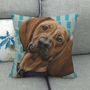 Detailed texture of linen pillowcase with artistic oil painting portrait of a brown hound dog
