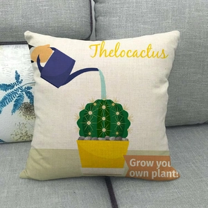 Detailed texture of linen cushion featuring cactus illustration and motivational slogan