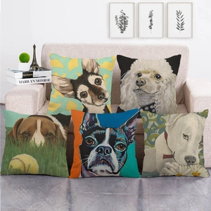 Oil Painting Art Dog Pattern Linen Cushion Cover Decorative Square Throw Pillowcase For Sofa Home Decor Animal Portrait