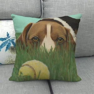 Linen pillow cover with oil painting style beagle dog and yellow tennis ball on a sofa