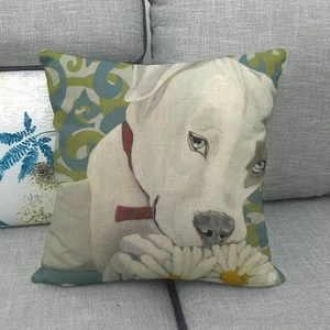 Linen throw pillow cover featuring artistic oil painting of dog with daisy on gray sofa