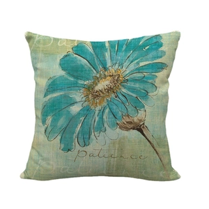 Fodera per cuscino in lino con fiore blu ad acquerello e scritta sulla pazienza