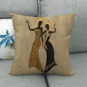 Federa per cuscino in lino con pittura a olio di donne africane in abiti tipici