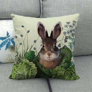 Detailed texture of linen pillowcase with realistic brown rabbit and cabbage print