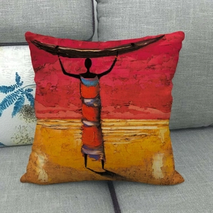 Federa in lino donna africana stile pittura a olio su un divano in tessuto grigio