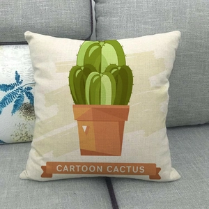 Detailed macro view of linen texture on square cartoon cactus throw pillow case