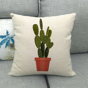 Detailed texture of linen cushion cover with cartoon green cactus potted plant print