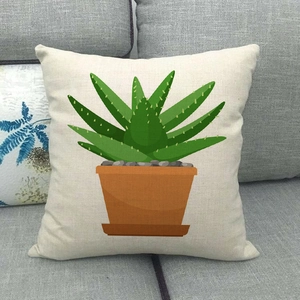 Detail of cartoon green succulent plant printed on beige linen pillowcase texture