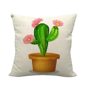 Cartoon green cactus linen throw pillow cover with pink flowers on beige fabric