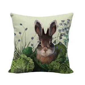 Easter bunny and green cabbage printed linen pillowcase with natural texture finish