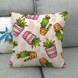 Detailed macro view of linen cactus pillowcase featuring colorful potted plant patterns