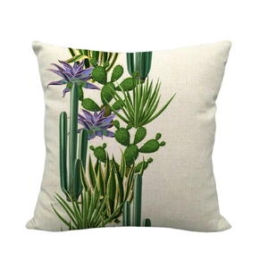Linen cushion cover with hand-painted tropical cactus and succulent botanical patterns