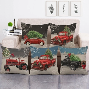 Christmas Linen Pillowcase Retro Truck Tree Snowflake Square Cushion Cover For Sofa Living Room Farmhouse Holiday Home Decor