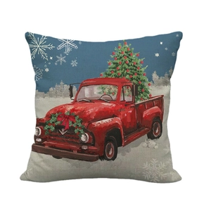 Merry Christmas linen throw pillow cover featuring vintage red truck and tree design