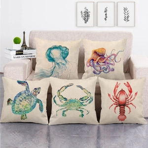 Housse de Coussin en Lin Vie Marine à l'Aquarelle Taie d'Oreiller Carrée Décor Côtier Motif Poulpe Tortue Hippocampe Pour Canapé Salon