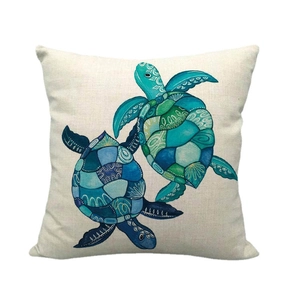 Housse de coussin en lin tortue de mer aquarelle avec motifs d'art géométriques sur blanc