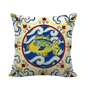 Ethnic yellow linen pillowcase with colorful fish totem and mediterranean pattern