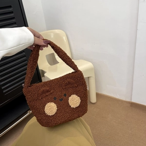 Cute Plush Handbag For Women Girls Soft Teddy Velvet Mini Tote Bag With Cartoon Bear Chick Face Pattern Daily Casual Purse