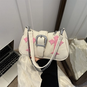 Women Canvas Underarm Bag Pink Gothic Cross Patch Y2K Streetwear Shoulder Bag With Silver Metal Buckle And Chain