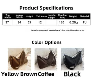 Detailed dimension guide and color options for large capacity retro PU leather tote bags