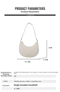Detailed size and dimension chart for the beige half-moon minimalist shoulder bag