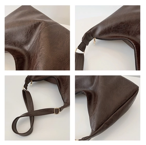Detailed views of dark coffee retro faux leather underarm bag with gold metal hardware