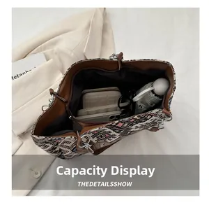 Top view showing the large capacity of this ethnic woven tote bag with daily essentials