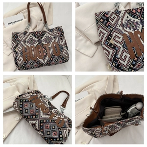 Detailed views of a woven tote bag with geometric patterns and leather handles
