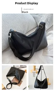Detailed views of a black soft PU shoulder bag with adjustable strap in various settings