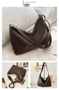 Macro detail of coffee brown retro PU leather tote showing soft pleated texture and strap