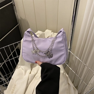 Sac à Bandoulière Mode Femme avec Chaîne Papillon en Toile Nylon Style Hobo Chic Y2K Sac à Main Quotidien Décontracté