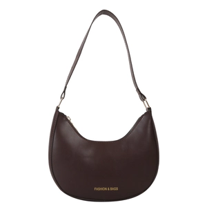 Minimalist dark brown half-moon underarm bag for women with gold logo and zipper