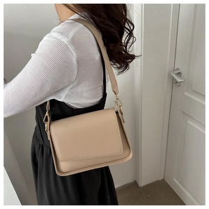 Detail of minimalist beige rectangle shoulder bag with elegant gold metal buckle closure
