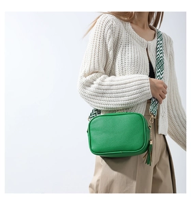 Detail of green crossbody camera bag with litchi texture and woven ethnic strap