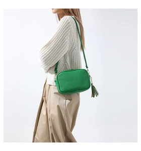 Detail of green litchi grain leather crossbody bag with tassel and gold hardware