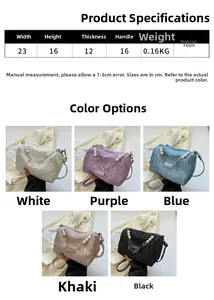 Detailed size chart for minimalist fabric crossbody bag with dimensions and five color options