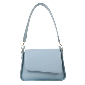 Light blue minimalist shoulder bag with asymmetric flap and elegant gold hardware