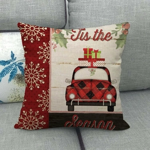 Christmas car pattern linen throw pillow cover with snowflake design on gray sofa