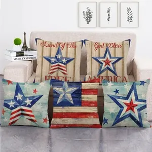 Detailed set of five American flag linen pillow covers featuring Land of the Free text