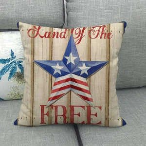 Detailed texture of rustic linen pillowcase featuring American star and wood grain pattern