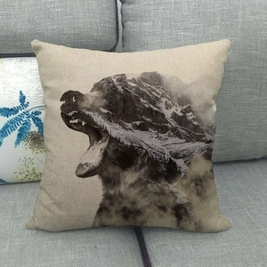 Detailed texture of beige linen cushion cover with bear forest double exposure art
